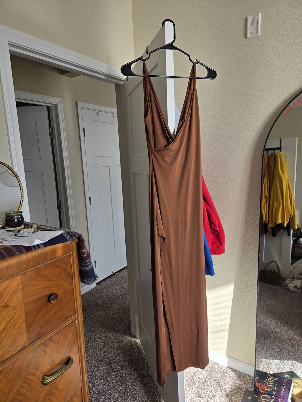 Brown Slip Maxi Dress - Minimal Spaghetti Straps, Leg Slit, Low Back, Sexy